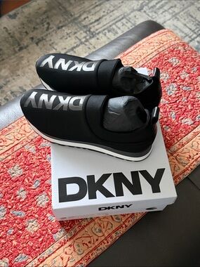 DKNY Black and White Slip-On Kids Sneakers with Bold Logo